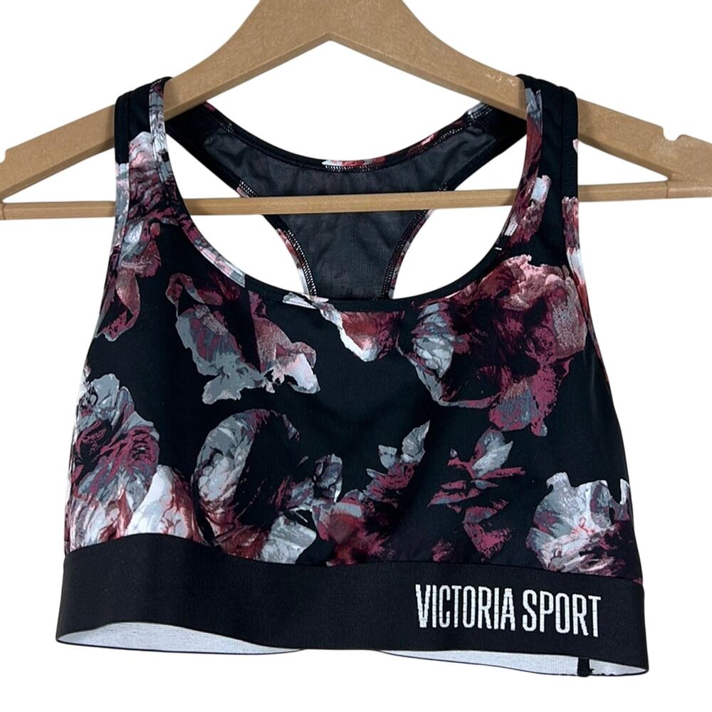 Victoria’s Secret Sports Bra Womens L Black Floral Racerback Medium Impact Gym - Picture 1 of 2